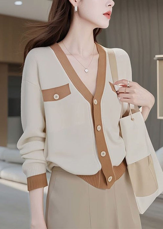 Colorblock V Neck Patchwork Button Cotton Knit Cardigans Fall Qp026