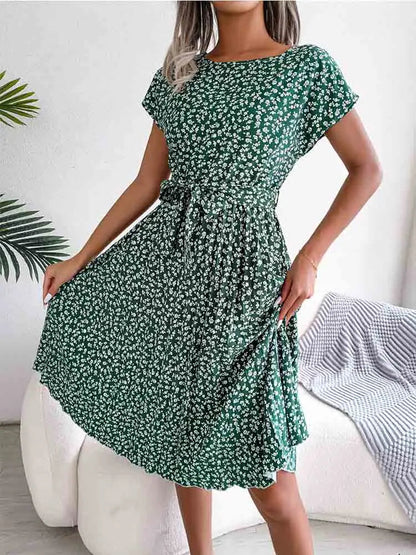 A Line Short Sleeve High Waist Midi Dresses