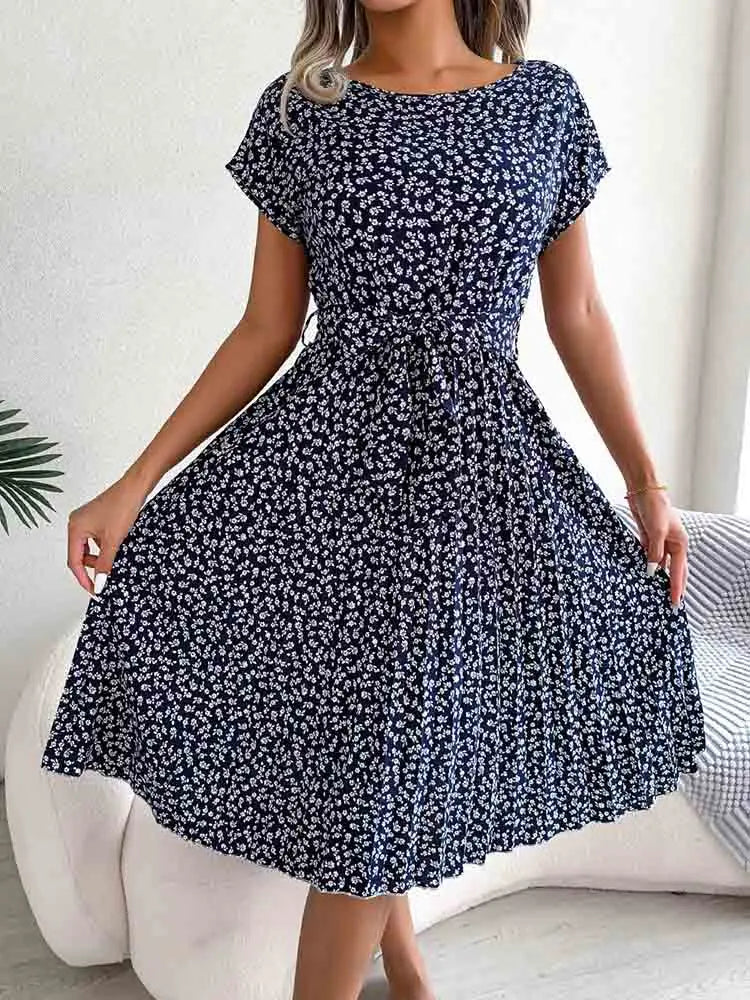 A Line Short Sleeve High Waist Midi Dresses