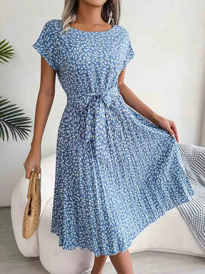 A Line Short Sleeve High Waist Midi Dresses