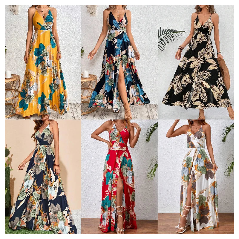 Flower Print Spaghetti Strap Dresses V-neck Backless Slit Long Dress Style Vacation Beach Vestidos