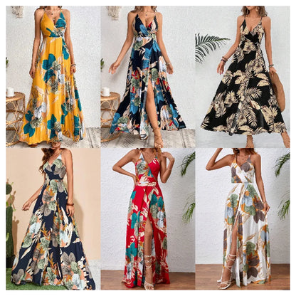 Flower Print Spaghetti Strap Dresses V-neck Backless Slit Long Dress Style Vacation Beach Vestidos