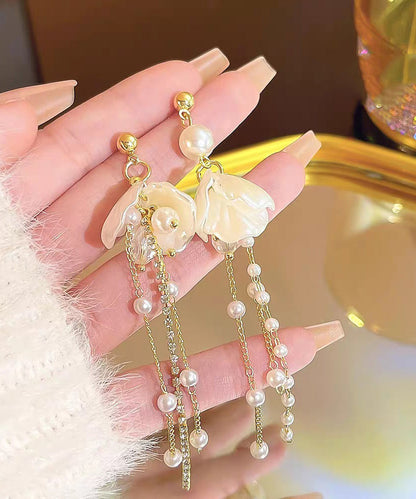 Gold Acrylic Alloy Pearl Petal Tassel Drop Earrings