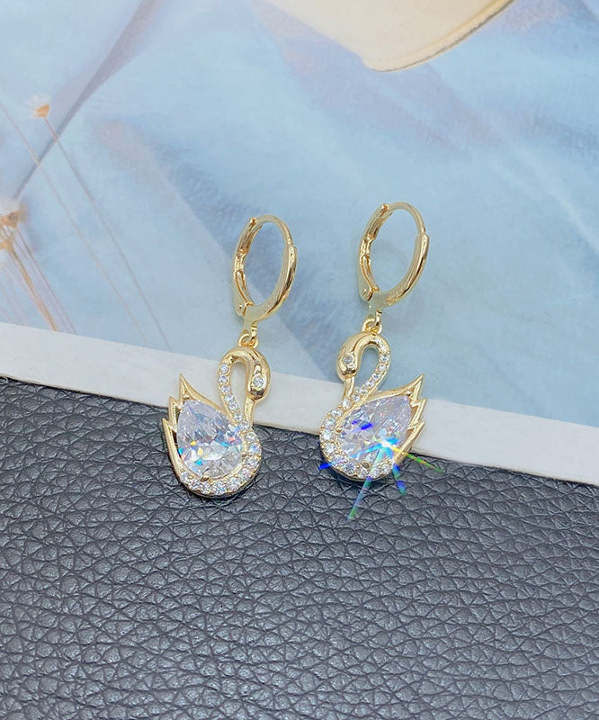 Gold Alloy Zircon Crystal Swan Drop Earrings