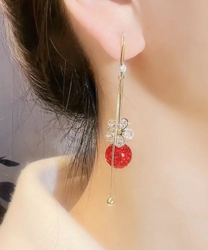 Gold Alloy Zircon Ball Tassel Drop Earrings