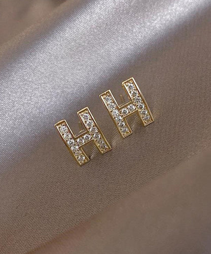 Gold Alloy Zircon H Graphic Stud Earrings