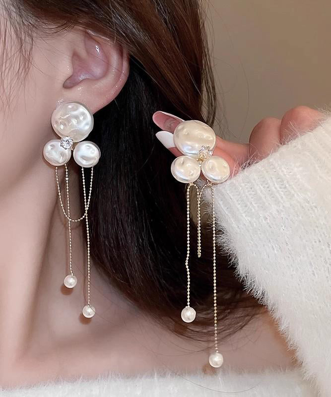 Gold Alloy Zircon Pearl Tassel Drop Earrings