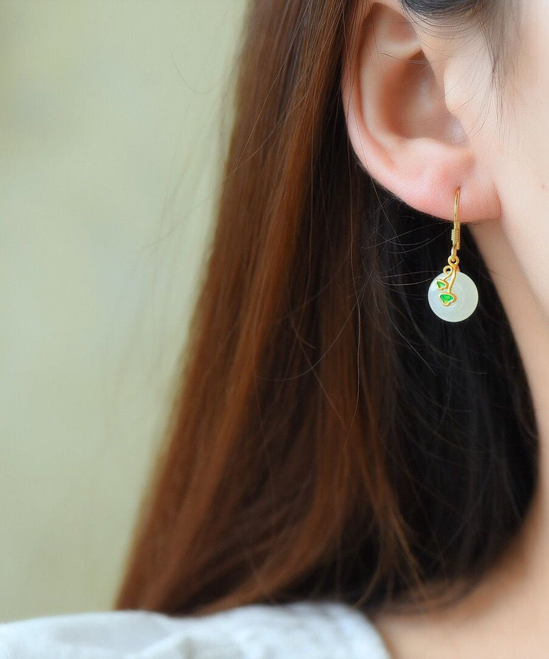 Gold Colour Inlaid Hetian Jade Drop Earrings