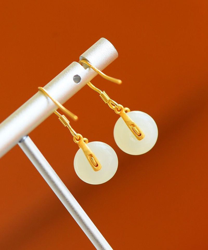 Gold Colour Inlaid Hetian Jade Drop Earrings