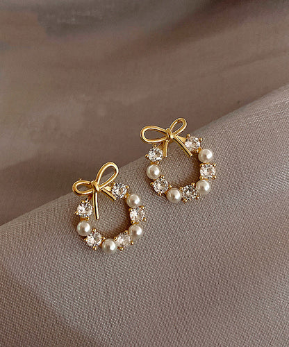 Gold Copper Alloy Pearl Bow Stud Earrings