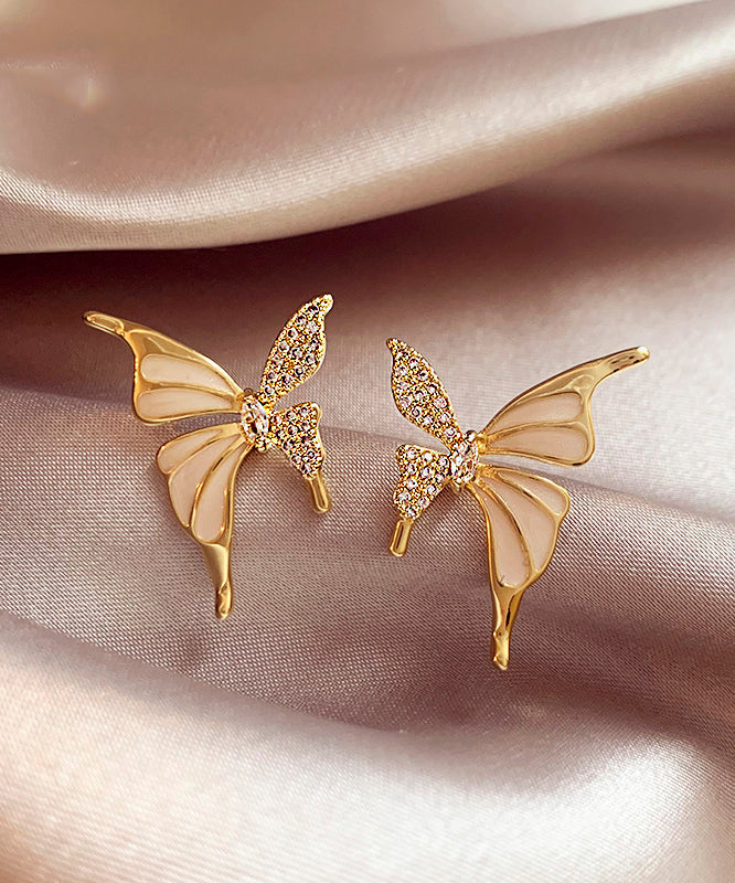 Gold Copper Alloy Zircon Butterfly Stud Earrings