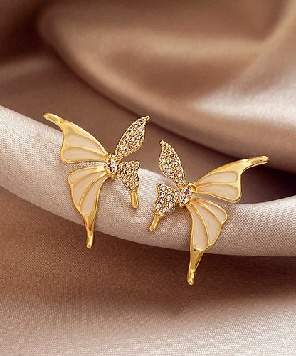Gold Copper Alloy Zircon Butterfly Stud Earrings