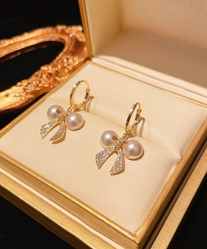 Gold Copper Alloy Zircon Patchwork Bow Pearl Hoop Earrings