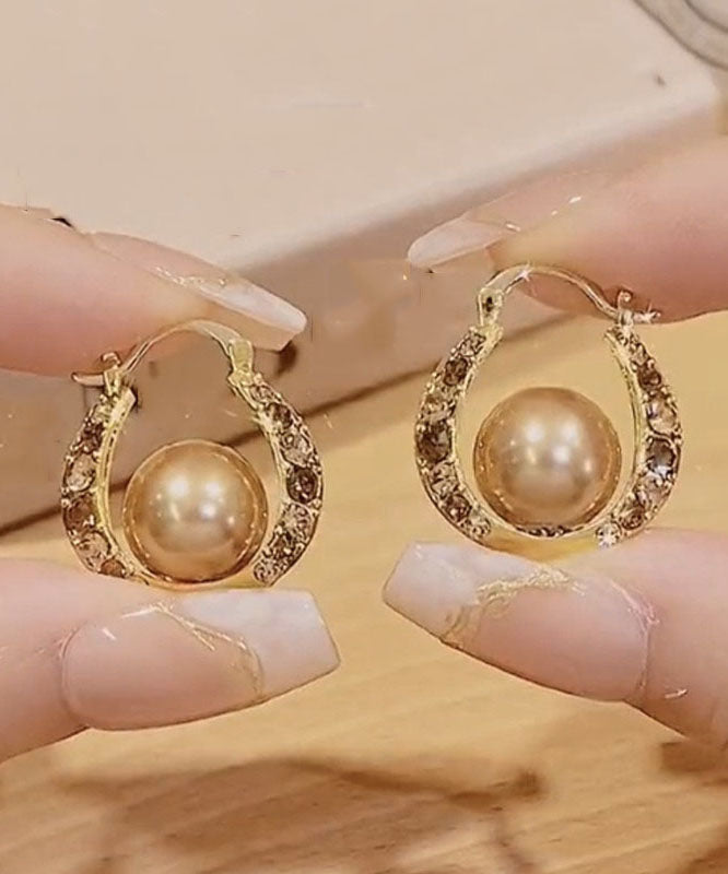 Gold Copper Alloy Zircon Pearl Hoop Earrings