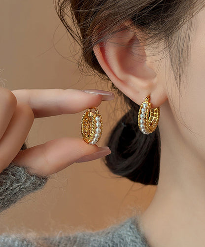 Gold Copper Overgild Pearl Hoop Earrings