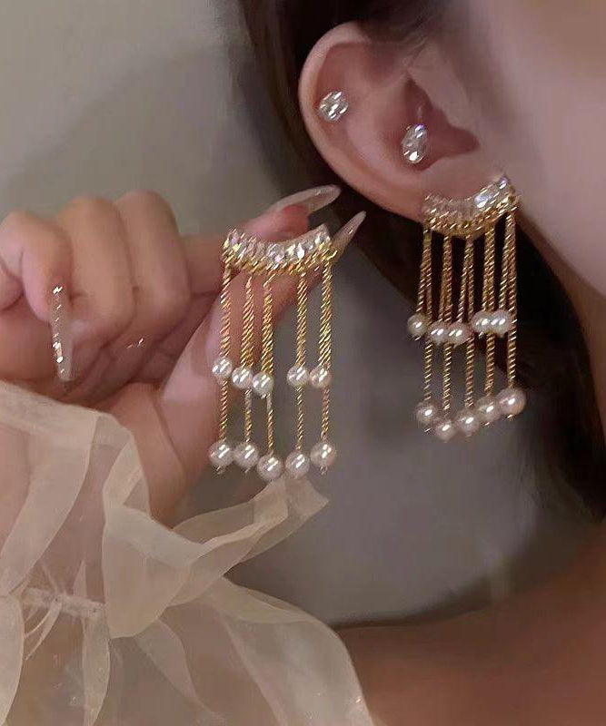 Gold Copper Overgild Pearl Tassel Drop Earrings