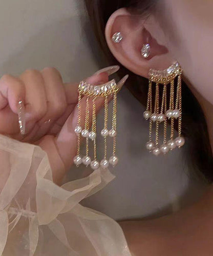 Gold Copper Overgild Pearl Tassel Drop Earrings
