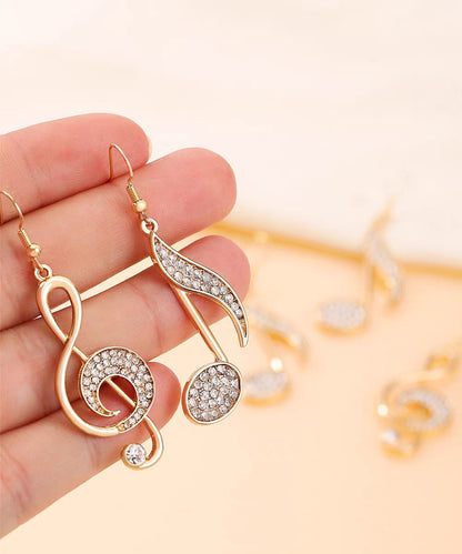 Gold Copper Overgild Zircon Asymmetrical Musical Note Drop Earrings