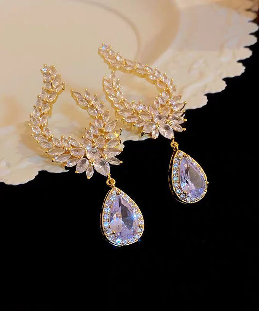 Gold Copper Overgild Zircon Leaf Water Droplet Drop Earrings