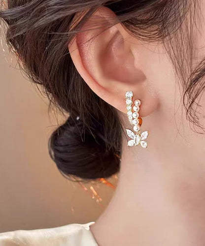 Gold Copper Overgild Zircon Pearl Butterfly Hoop Earrings