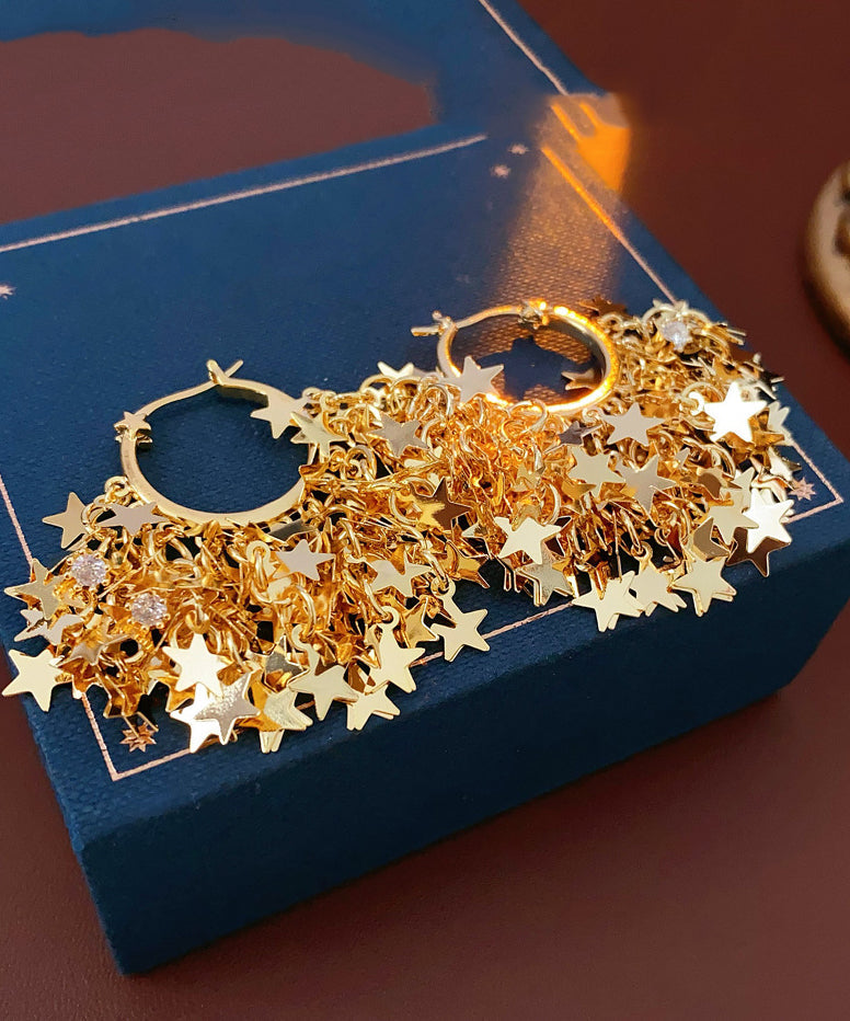 Gold Copper Overgild Zircon Star Tassel Hoop Earrings