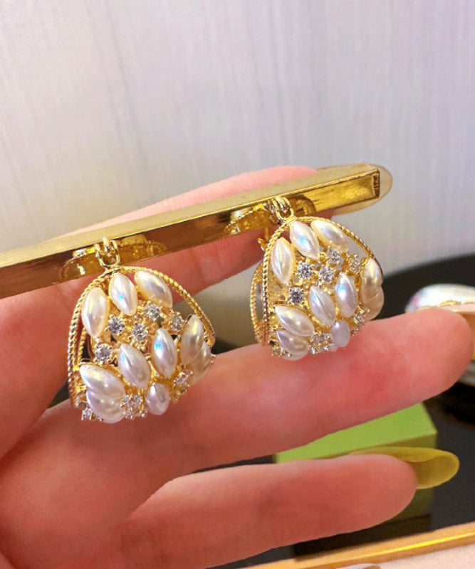 Gold Copper Zircon Pearl Flower Basket Hoop Earrings