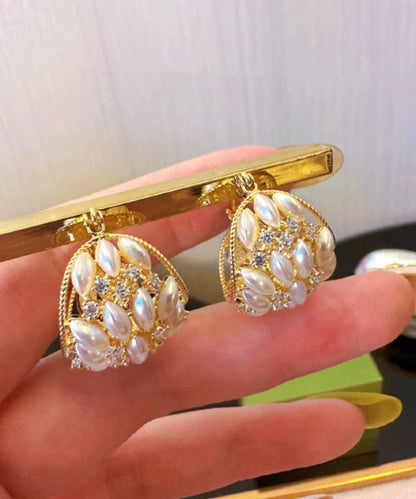 Gold Copper Zircon Pearl Flower Basket Hoop Earrings
