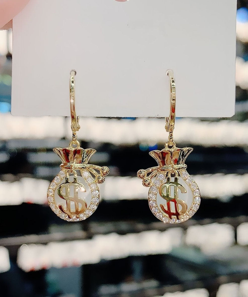 Gold Opal Zircon Money Bag Drop Earrings
