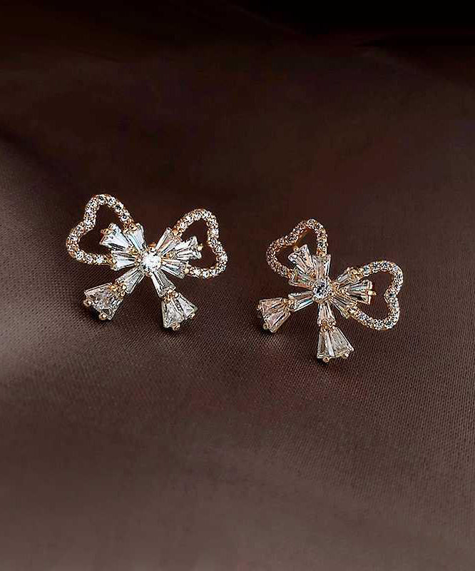 Gold Sterling Silver Alloy Zircon Bow Stud Earrings Kx1001
