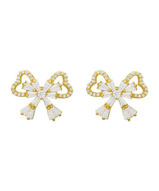 Gold Sterling Silver Alloy Zircon Bow Stud Earrings Kx1001
