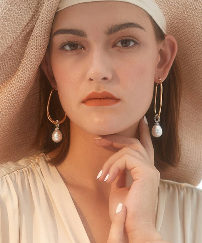 Gold Sterling Silver Alloy Zircon Pearl Hoop Earrings
