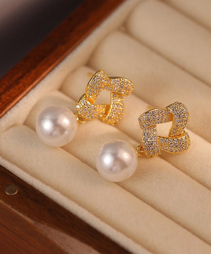 Gold Sterling Silver Alloy Zircon Pearl Square Drop Earrings