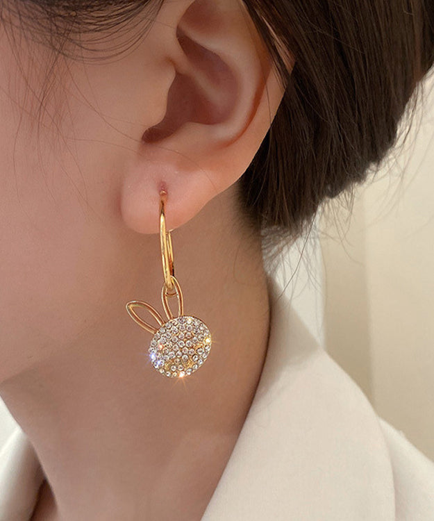 Gold Sterling Silver Overgild Zircon Asymmetry Little Rabbit Tassel Drop Earrings
