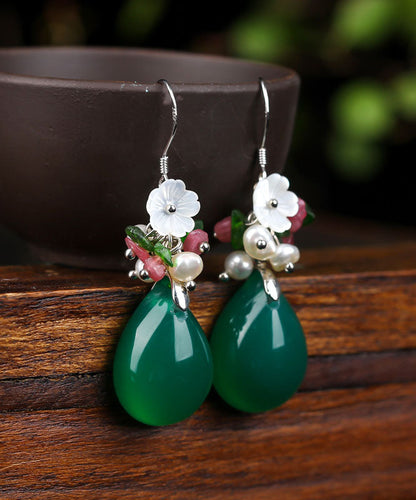 Green Silver Inlaid Shell Flower Chalcedony Pearl Drop Earrings