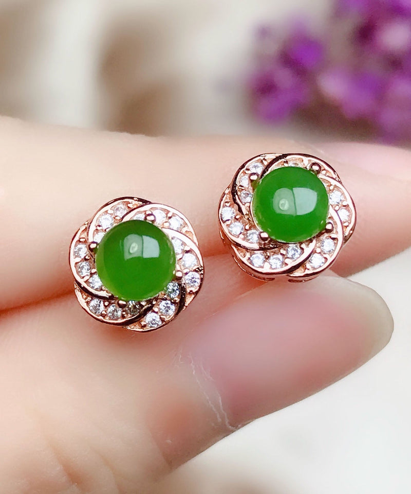 Green Silver Overgild Zircon Jade Stud Earrings