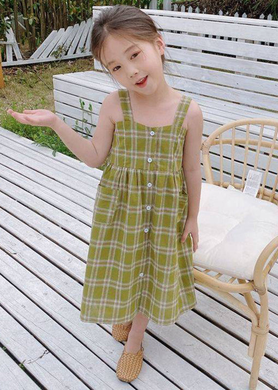 Green Square Collar Plaid Patchwork Button Long Dress Sleeveless Gf011