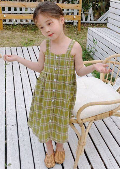Green Square Collar Plaid Patchwork Button Long Dress Sleeveless Gf011