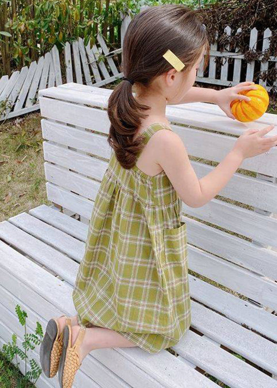 Green Square Collar Plaid Patchwork Button Long Dress Sleeveless Gf011