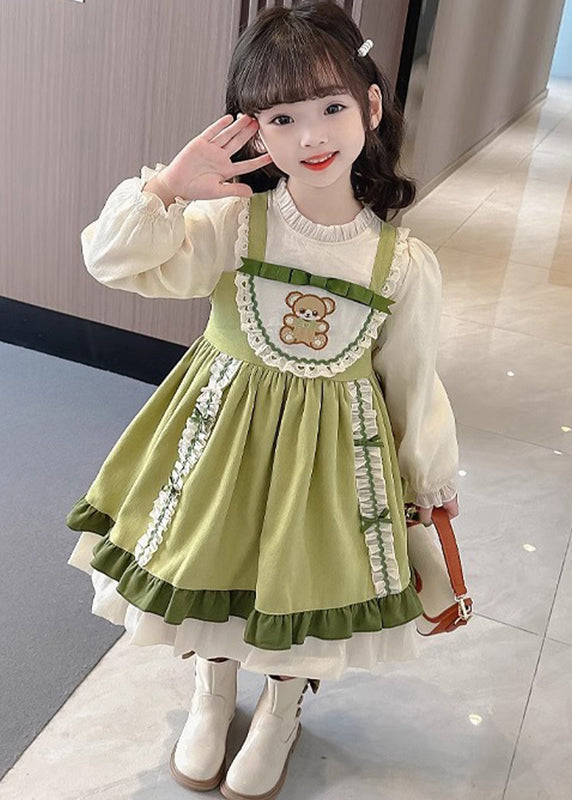 Green Stand Collar Print Long Dresses Puff Sleeve Ye028