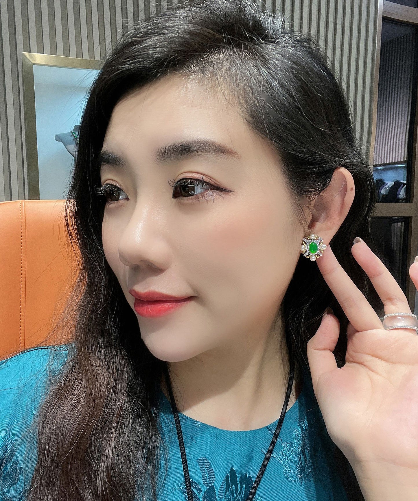 Green Sterling Silver Overgild Zircon Jade Pearl Stud Earrings