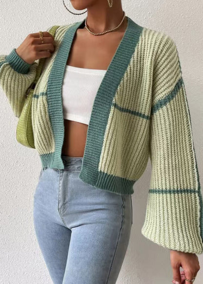 Green Striped Knit Short Cardigan Fall Qy013