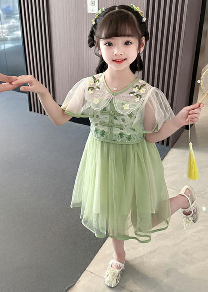 Green V Neck Embroideried Patchwork Tulle Long Dresses Summer Mn031