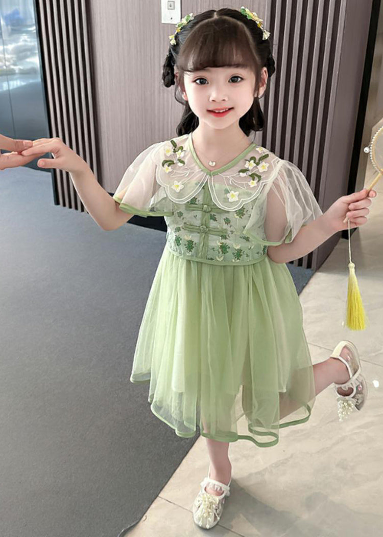 Green V Neck Embroideried Patchwork Tulle Long Dresses Summer Mn031