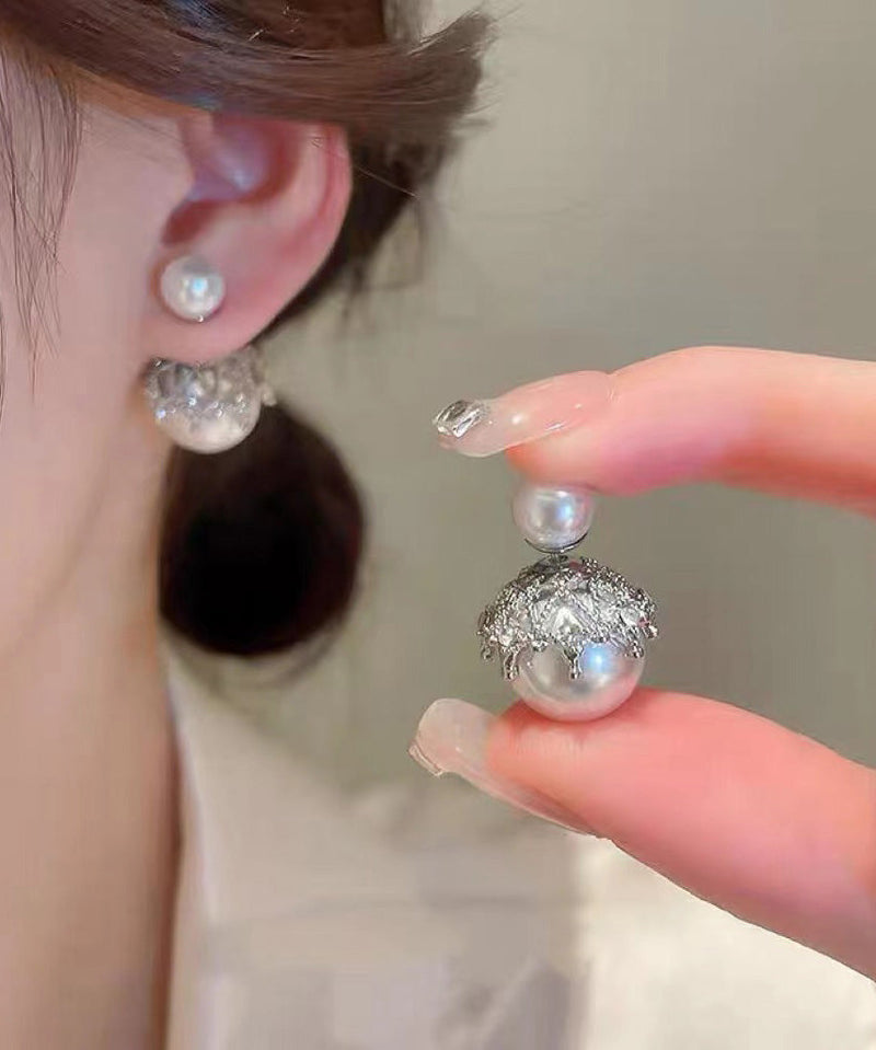 Grey Copper Alloy Zircon Pearlstud Earrings