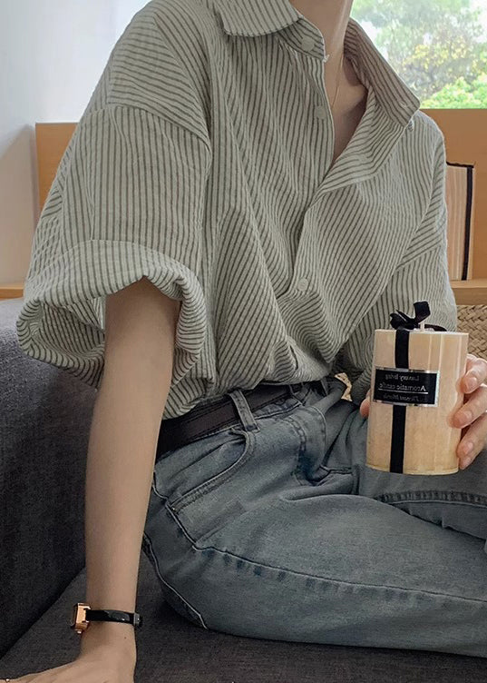 Grey Striped Peter Pan Collar Button Cotton Blouses Summer Tu006