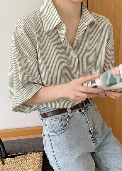 Grey Striped Peter Pan Collar Button Cotton Blouses Summer Tu006