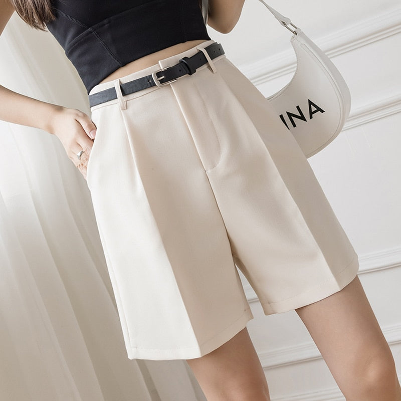 Color High Waist Zipper Shorts