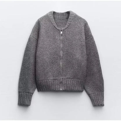 Grey Spring Long Sleeve Pleated Female Cardigan