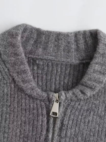 Grey Spring Long Sleeve Pleated Female Cardigan