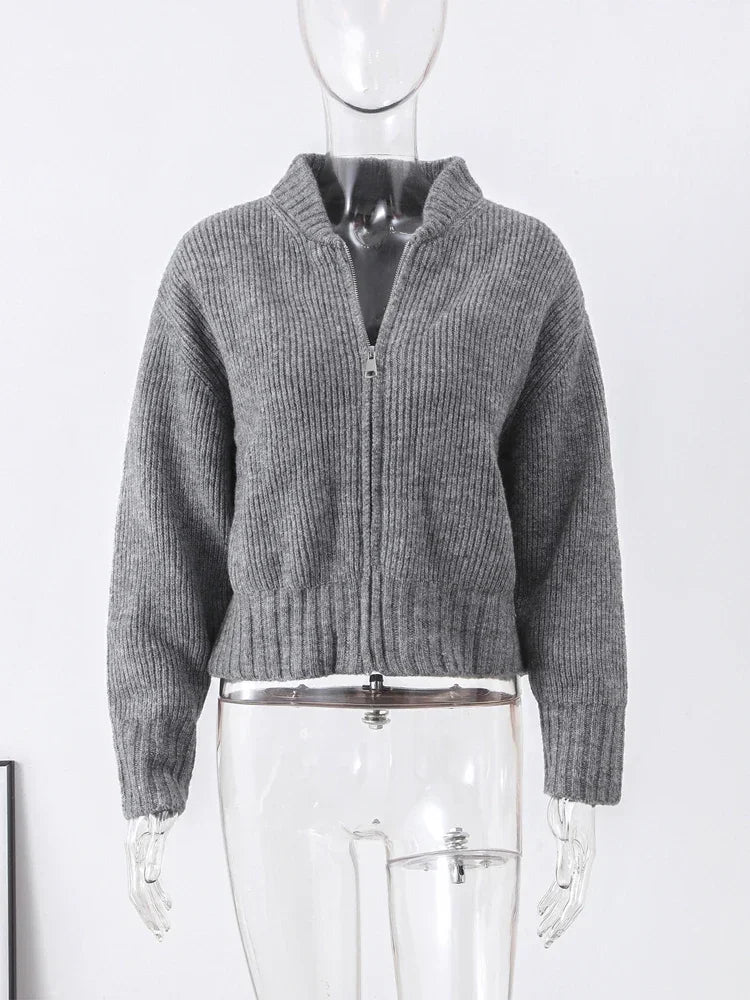 Grey Spring Long Sleeve Pleated Female Cardigan